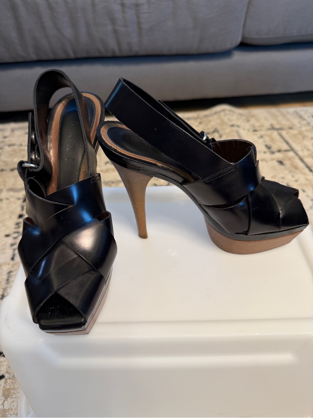 Black Leather Marni Peep-Toe Woven Platform Slingback Heels